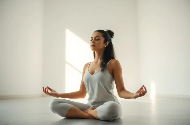 Mulher meditando em um espaço minimalista, simbolizando a serenidade do desapego.
