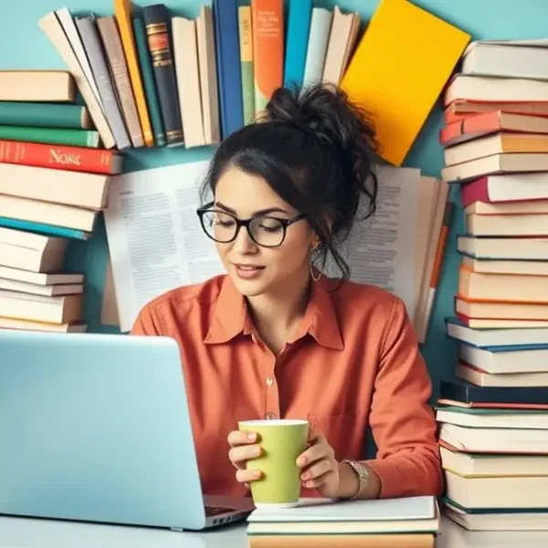 Uma mulher determinada, rodeada por materiais de estudo, representando foco e produtividade.