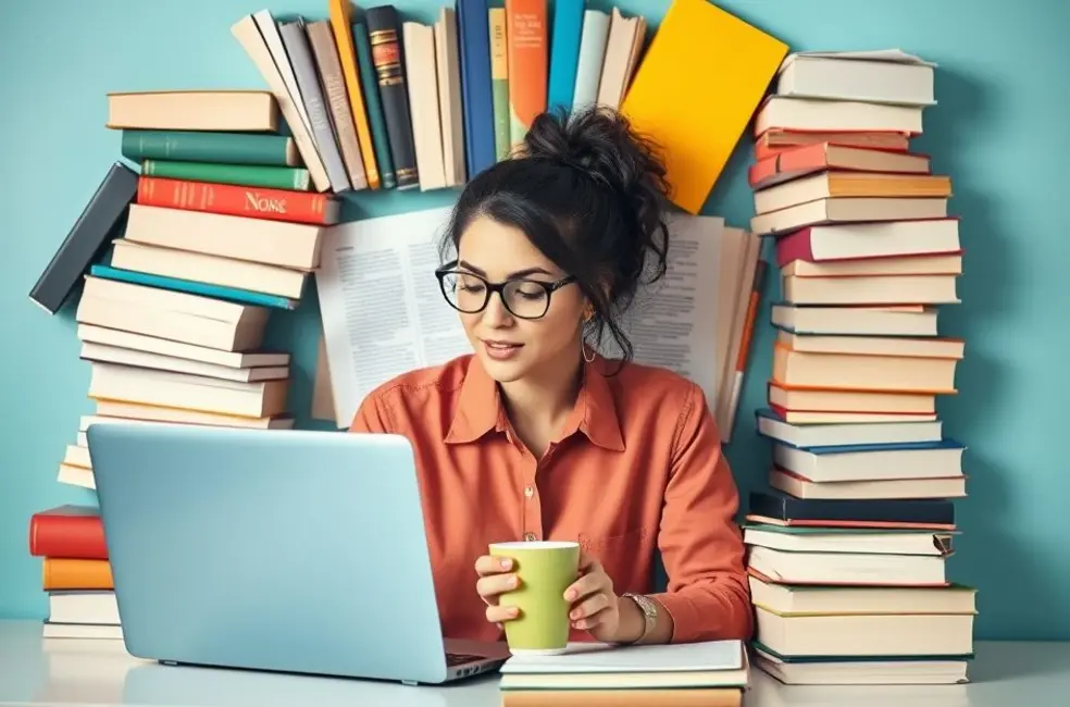 7 Passos para Criar uma Rotina de Estudos Eficiente e Produtiva 8 Uma mulher determinada, rodeada por materiais de estudo, representando foco e produtividade.