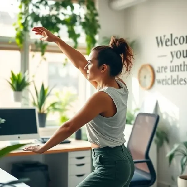 Mulher alegre praticando alongamento em um escritório