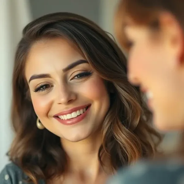 Mulher sorrindo para seu reflexo no espelho, representando amor próprio.