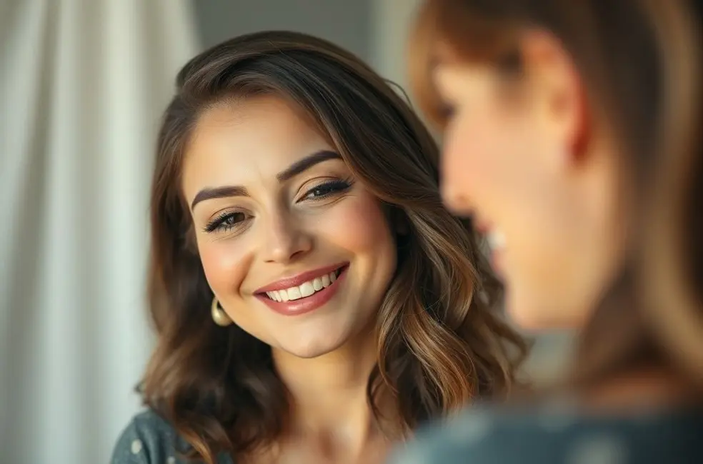 7 Passos Para Cultivar o Amor Próprio em Seu Dia a Dia 8 Mulher sorrindo para seu reflexo no espelho, representando amor próprio.