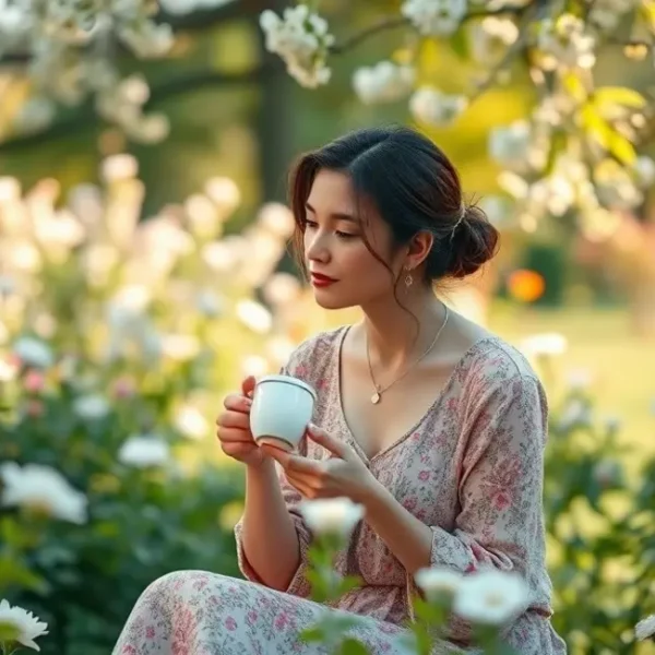 Mulher relaxando em um jardim enquanto toma chá.