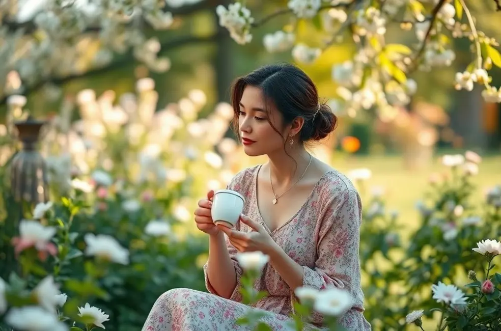 7 Passos para uma Cerimônia do Chá Relaxante e de Autocuidado 8 Mulher relaxando em um jardim enquanto toma chá.