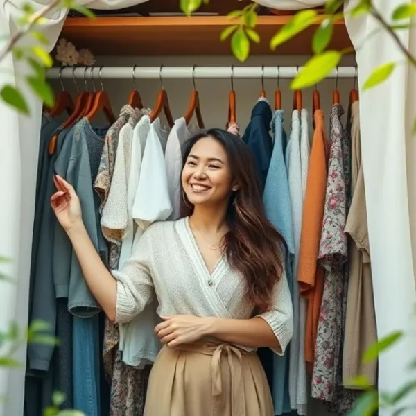 Woman surrounded by nature enjoying her sustainable wardrobe.
