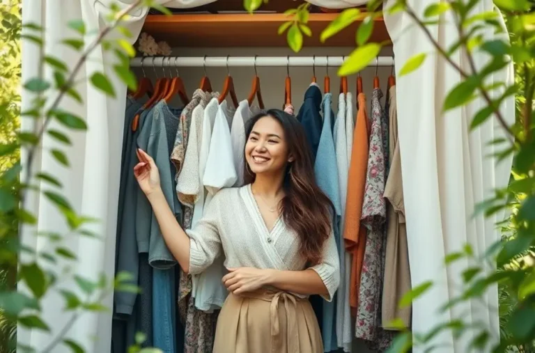 Woman surrounded by nature enjoying her sustainable wardrobe.