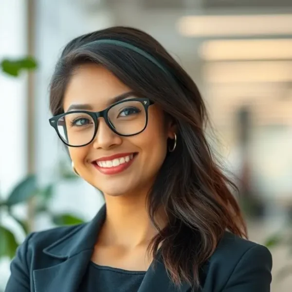 Mulher com óculos estilosos sorrindo em um ambiente moderno.