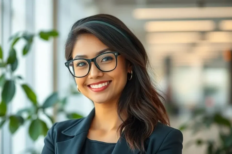 Mulher com óculos estilosos sorrindo em um ambiente moderno.