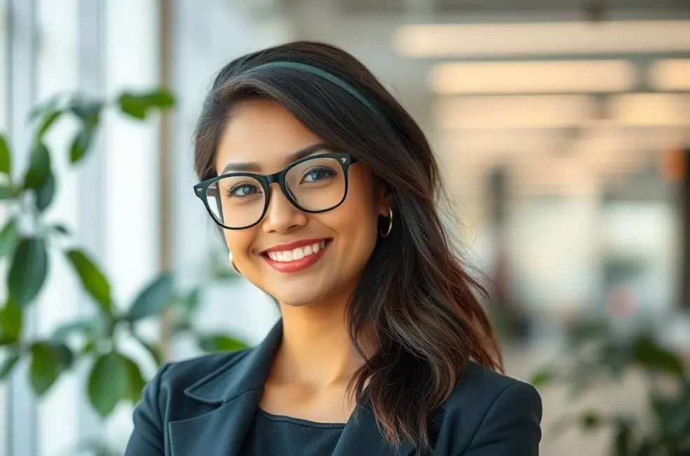 7 Modelos de Óculos que Valorizam o Seu Rosto e Estilo Pessoal 8 Mulher com óculos estilosos sorrindo em um ambiente moderno.