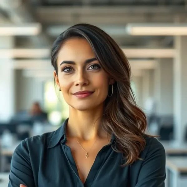 Mulher confiante em um ambiente de trabalho.