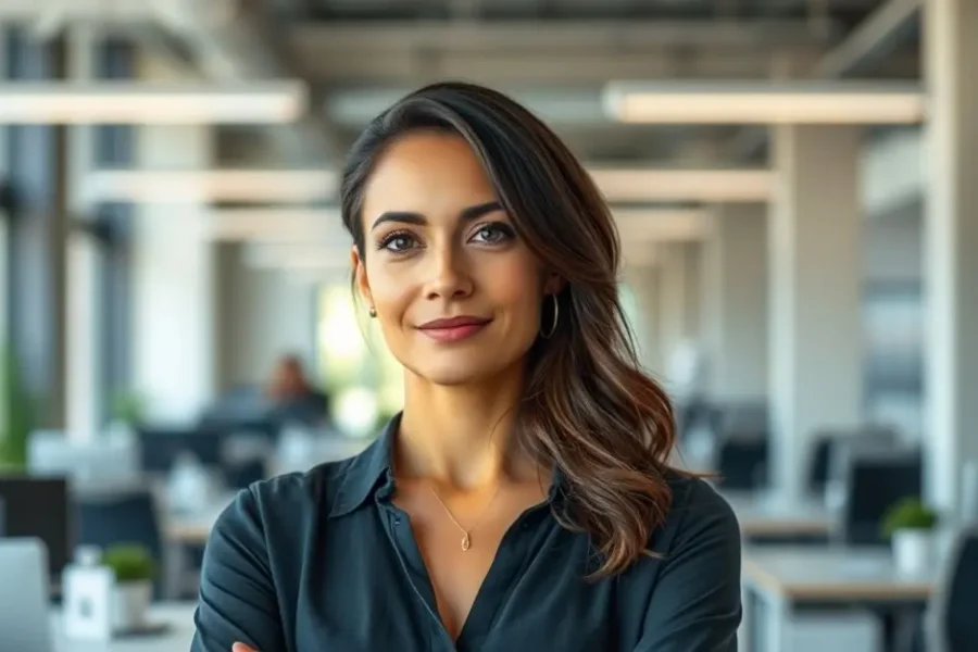 Mulher confiante em um ambiente de trabalho.
