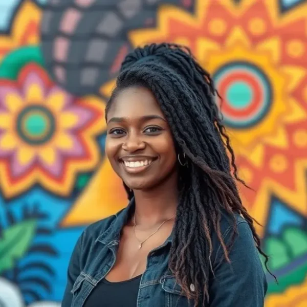 Mulher irradiando confiança e autenticidade em um ambiente colorido.