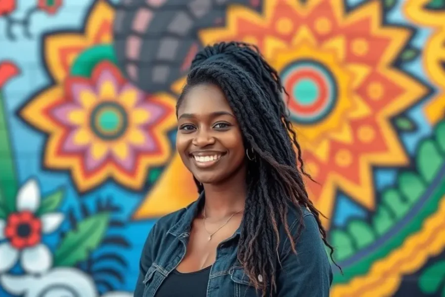 Mulher irradiando confiança e autenticidade em um ambiente colorido.