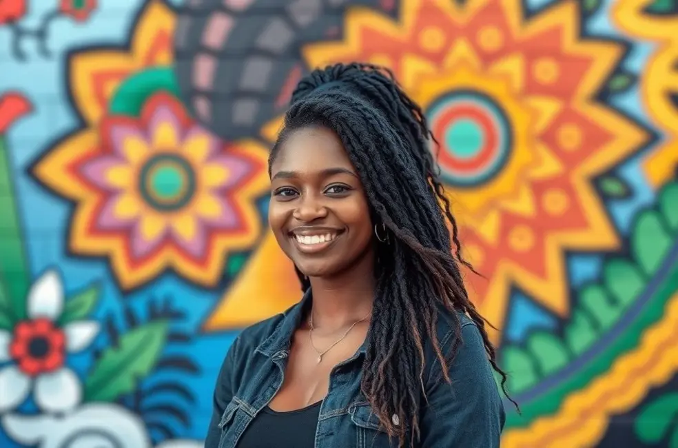 7 Maneiras de Superar Comparações nas Redes Sociais e Fortalecer Sua Autoestima 8 Mulher irradiando confiança e autenticidade em um ambiente colorido.