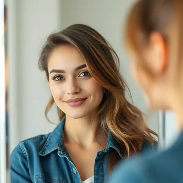 Mulher jovem se olhando no espelho, simbolizando autoconfiança.
