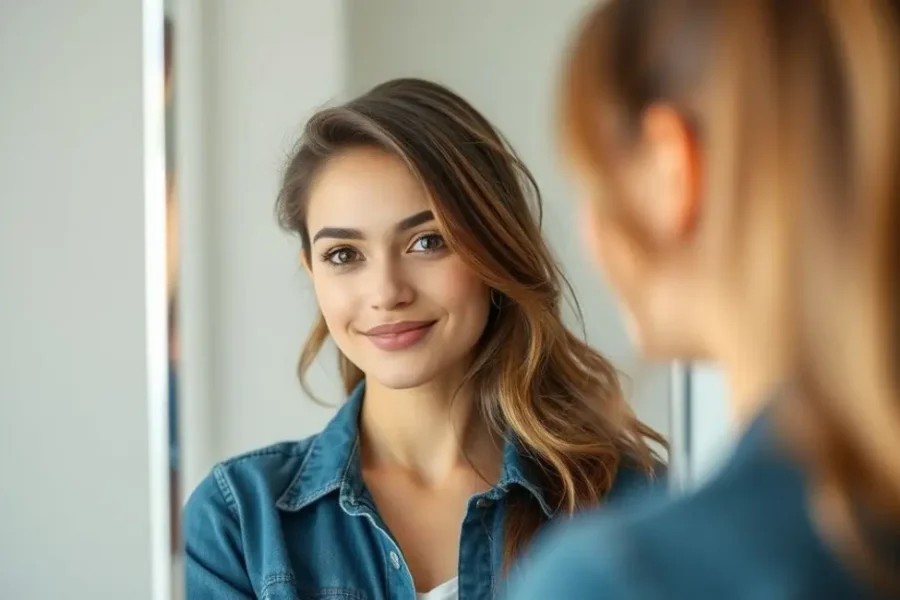 Mulher jovem se olhando no espelho, simbolizando autoconfiança.