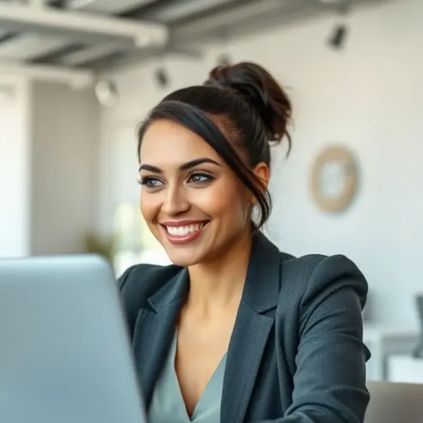 Mulher confiante sorrindo para o computador durante uma videochamada.