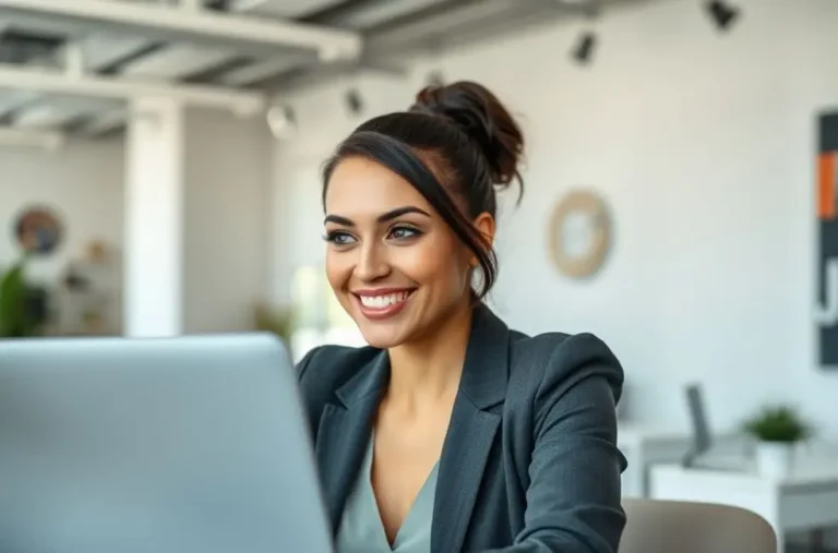 Mulher confiante sorrindo para o computador durante uma videochamada.