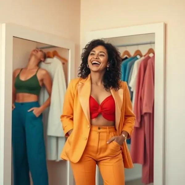 Mulher experimentando diferentes roupas coloridas em frente ao espelho.