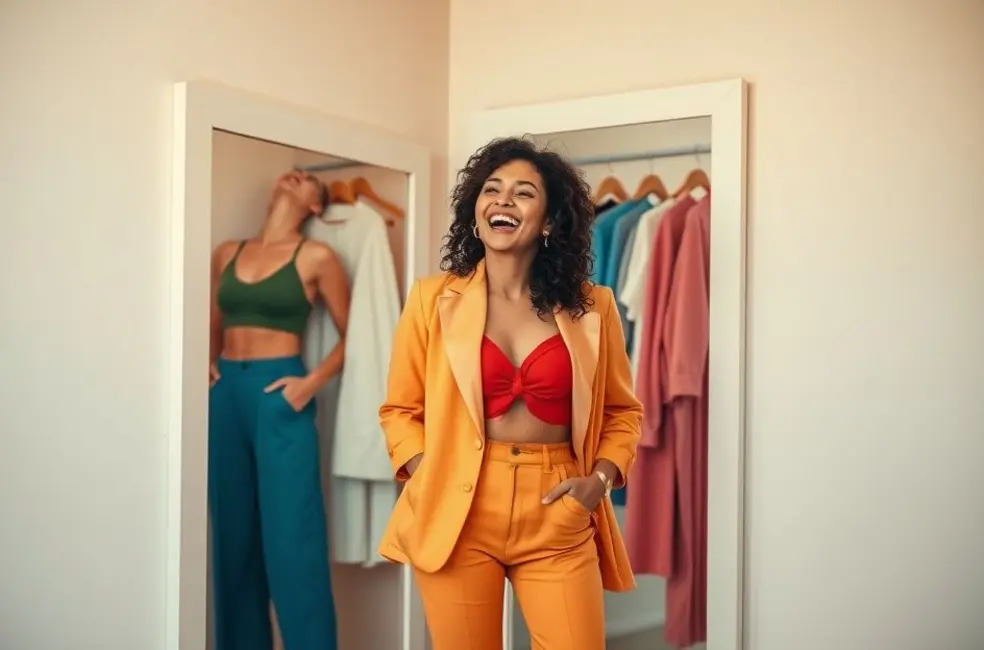 7 Paletas de Cores para Organizar Seu Guarda-Roupa e Otimizar Seu Estilo Pessoal 8 Mulher experimentando diferentes roupas coloridas em frente ao espelho.