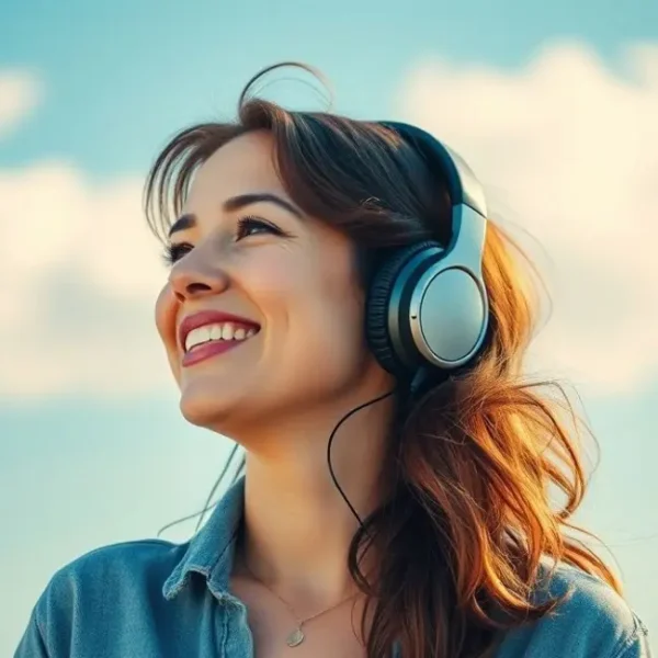 Mulher sorridente desfrutando de um dia ensolarado com fones de ouvido.