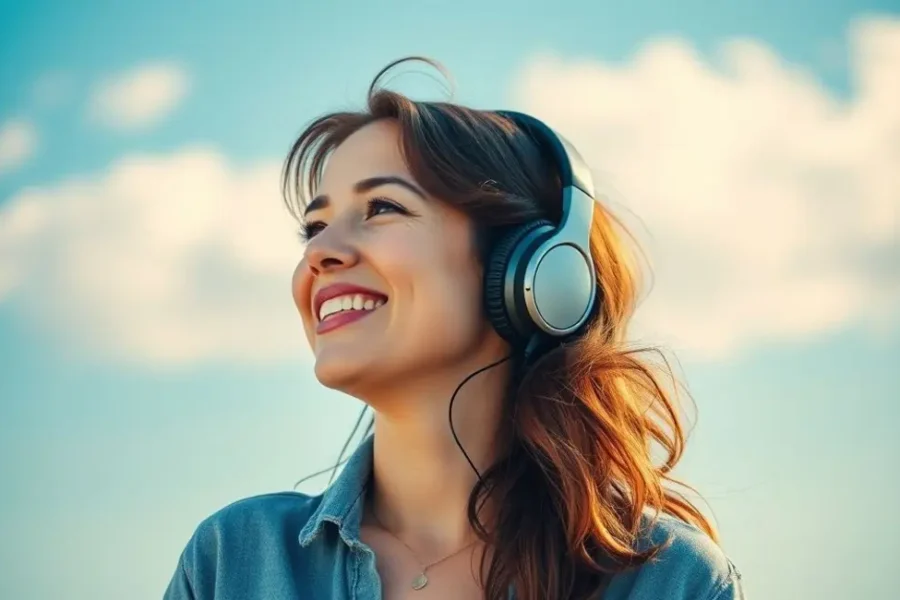 Mulher sorridente desfrutando de um dia ensolarado com fones de ouvido.