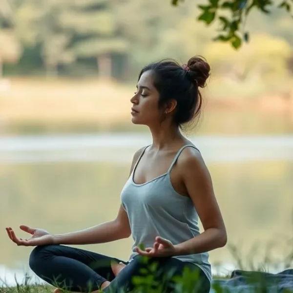 Mulher meditando em um ambiente natural, cercada por árvores.