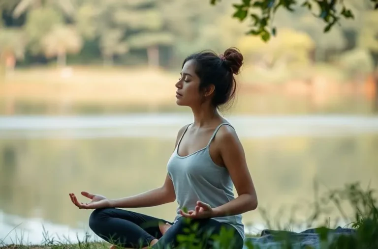 Mulher meditando em um ambiente natural, cercada por árvores.