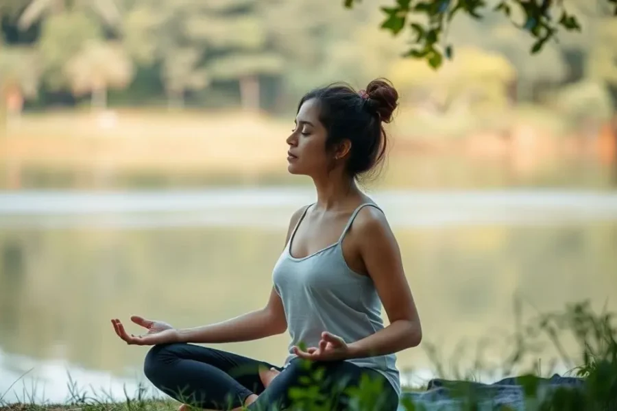 Mulher meditando em um ambiente natural, cercada por árvores.