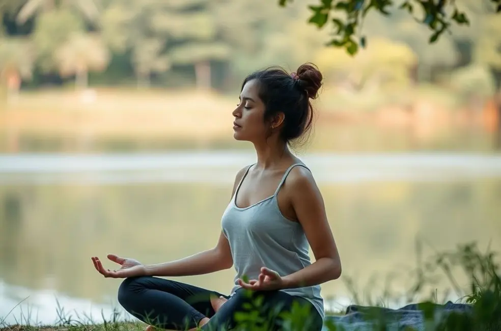 7 Metas Realistas que Mulheres Podem Alcançar no Próximo Trimestre 8 Mulher meditando em um ambiente natural, cercada por árvores.