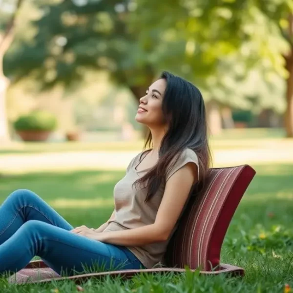 Mulher relaxando em um parque, simbolizando a paz financeira.
