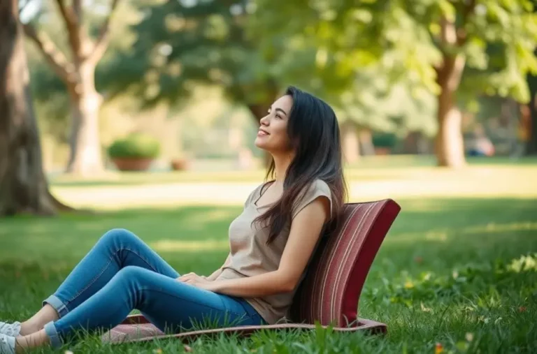 Mulher relaxando em um parque, simbolizando a paz financeira.