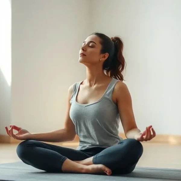 Mulher praticando respiração profunda em um ambiente tranquilo.