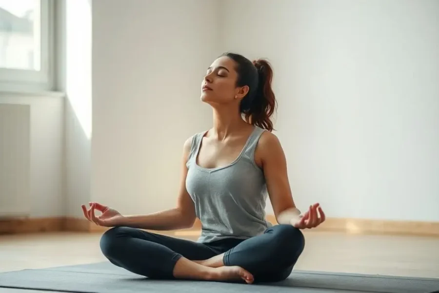 Mulher praticando respiração profunda em um ambiente tranquilo.