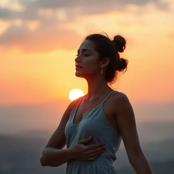 Mulher olhando para o horizonte ao pôr do sol, representando paz e equilíbrio na vida.