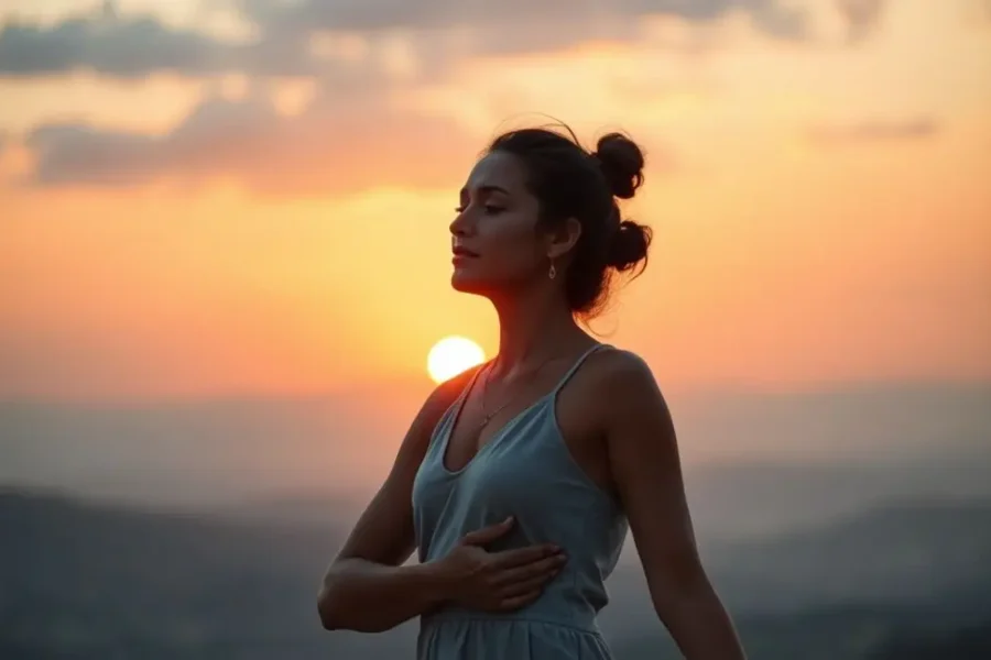 Mulher olhando para o horizonte ao pôr do sol, representando paz e equilíbrio na vida.