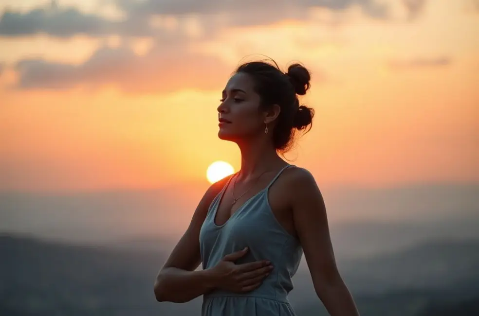 7 Passos para Dizer Não Sem Culpa e Encontrar Seu Equilíbrio Pessoal 8 Mulher olhando para o horizonte ao pôr do sol, representando paz e equilíbrio na vida.