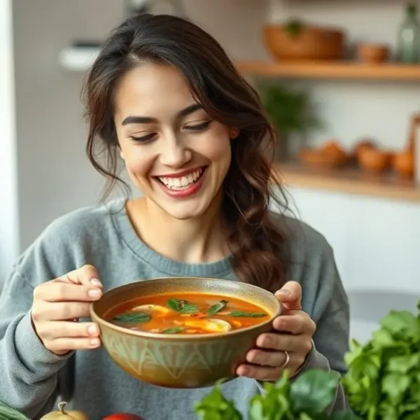 Woman enjoying detox soup at home.