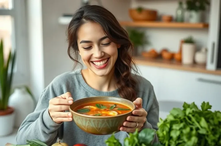 Woman enjoying detox soup at home.