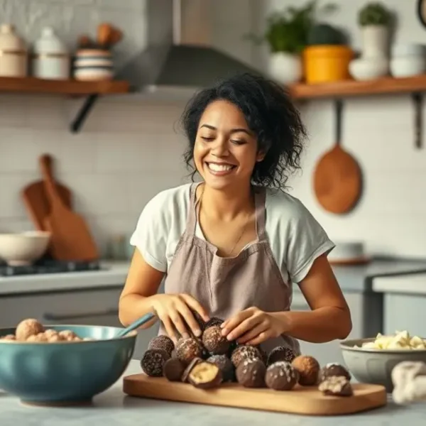 Mulher fazendo brigadeiros funcionais na cozinha.