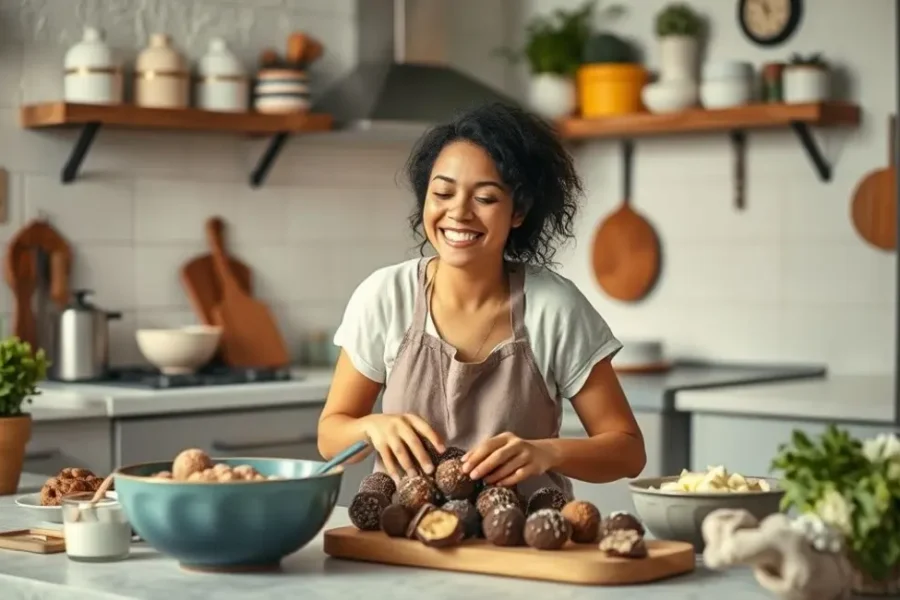 Mulher fazendo brigadeiros funcionais na cozinha.