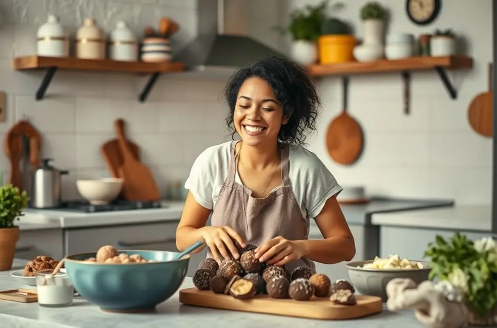 Brigadeiros Funcionais: 7 Receitas Saudáveis para Adoçar Seu Dia 8 Mulher fazendo brigadeiros funcionais na cozinha.
