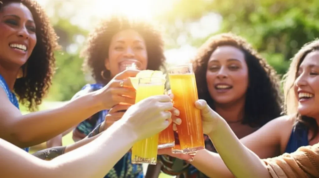 Mulheres sorrindo e aproveitando bebidas energéticas naturais em um ambiente saudável.