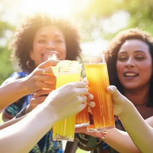 Mulheres sorrindo e aproveitando bebidas energéticas naturais em um ambiente saudável.