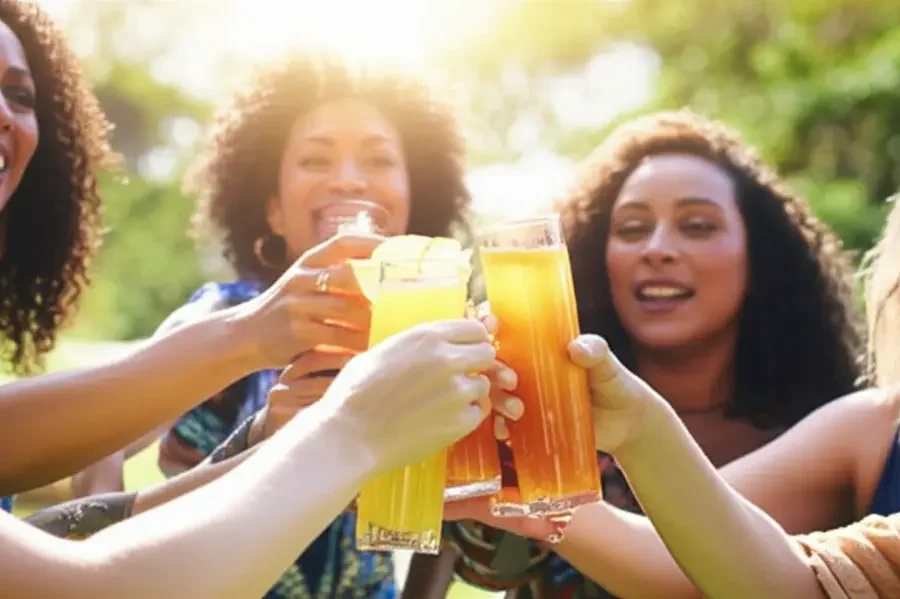 Mulheres sorrindo e aproveitando bebidas energéticas naturais em um ambiente saudável.