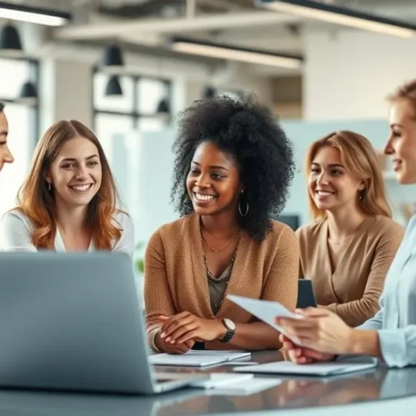 Grupo de mulheres colaborando em um ambiente de trabalho, transmitindo empoderamento e apoio mútuo.