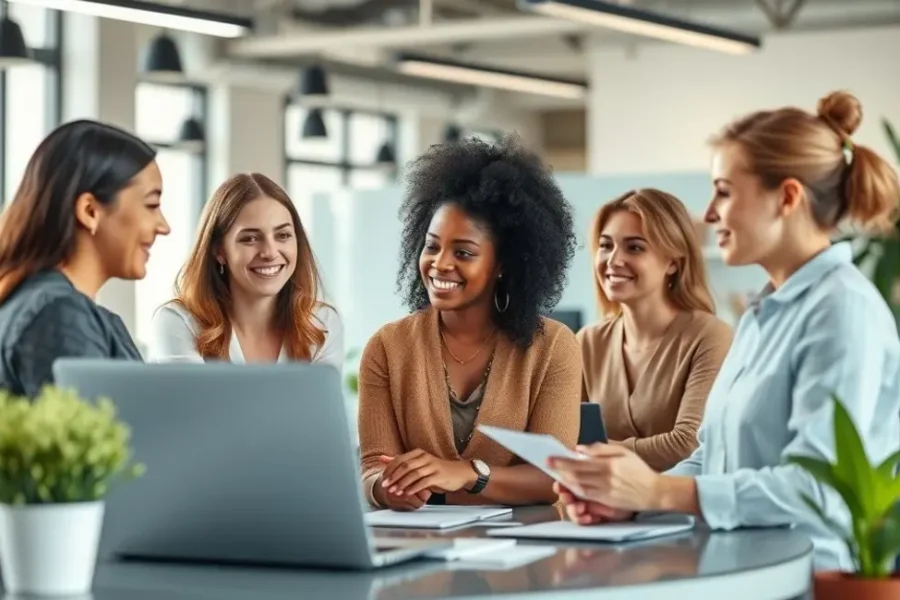 Grupo de mulheres colaborando em um ambiente de trabalho, transmitindo empoderamento e apoio mútuo.
