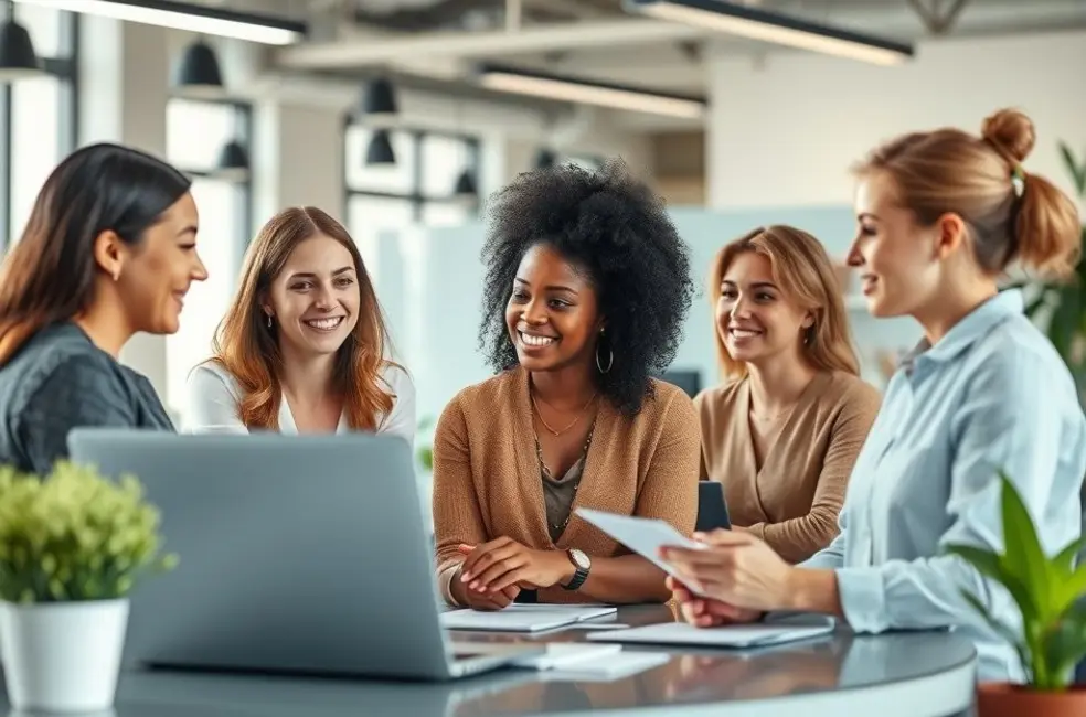 7 Estratégias para Equilibrar Saúde Mental e Carreira sem Sacrificar Seu Bem-Estar 8 Grupo de mulheres colaborando em um ambiente de trabalho, transmitindo empoderamento e apoio mútuo.