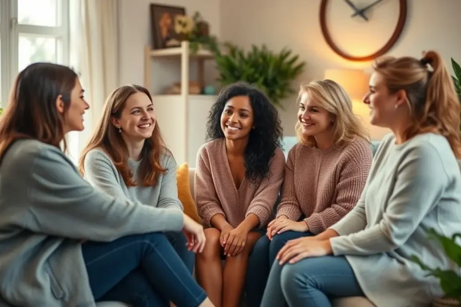 Mulheres reunidas, simbolizando a união e apoio mútuo na avaliação de vida.