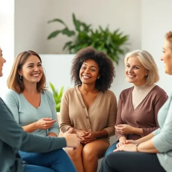 Grupo de mulheres discutindo sobre saúde e bem-estar emocional.